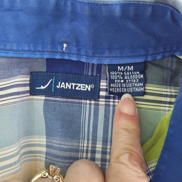 Jantzen Shirt Mens‎ M Green Blue Plaid Cotton Preppy Casual Office Long Sleeve - Picture 7 of 14